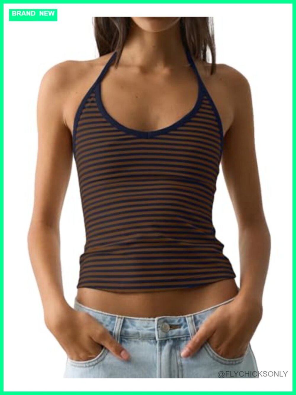 Women Sleeveless Striped V Neck Crop Cami Tank Tie Up Halter Backless Slim Fit